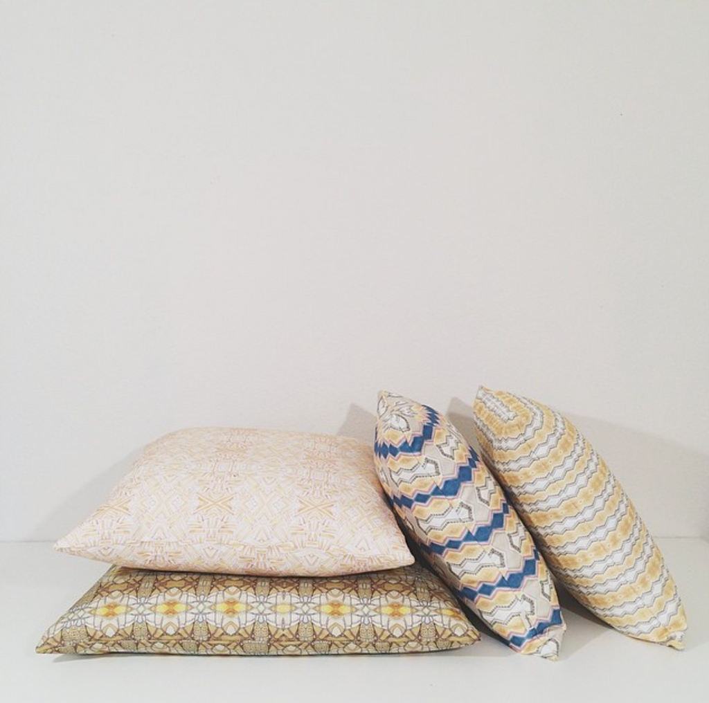 Modern yellow and white stripped pillow, Om Stripes Pillow, by bunglo