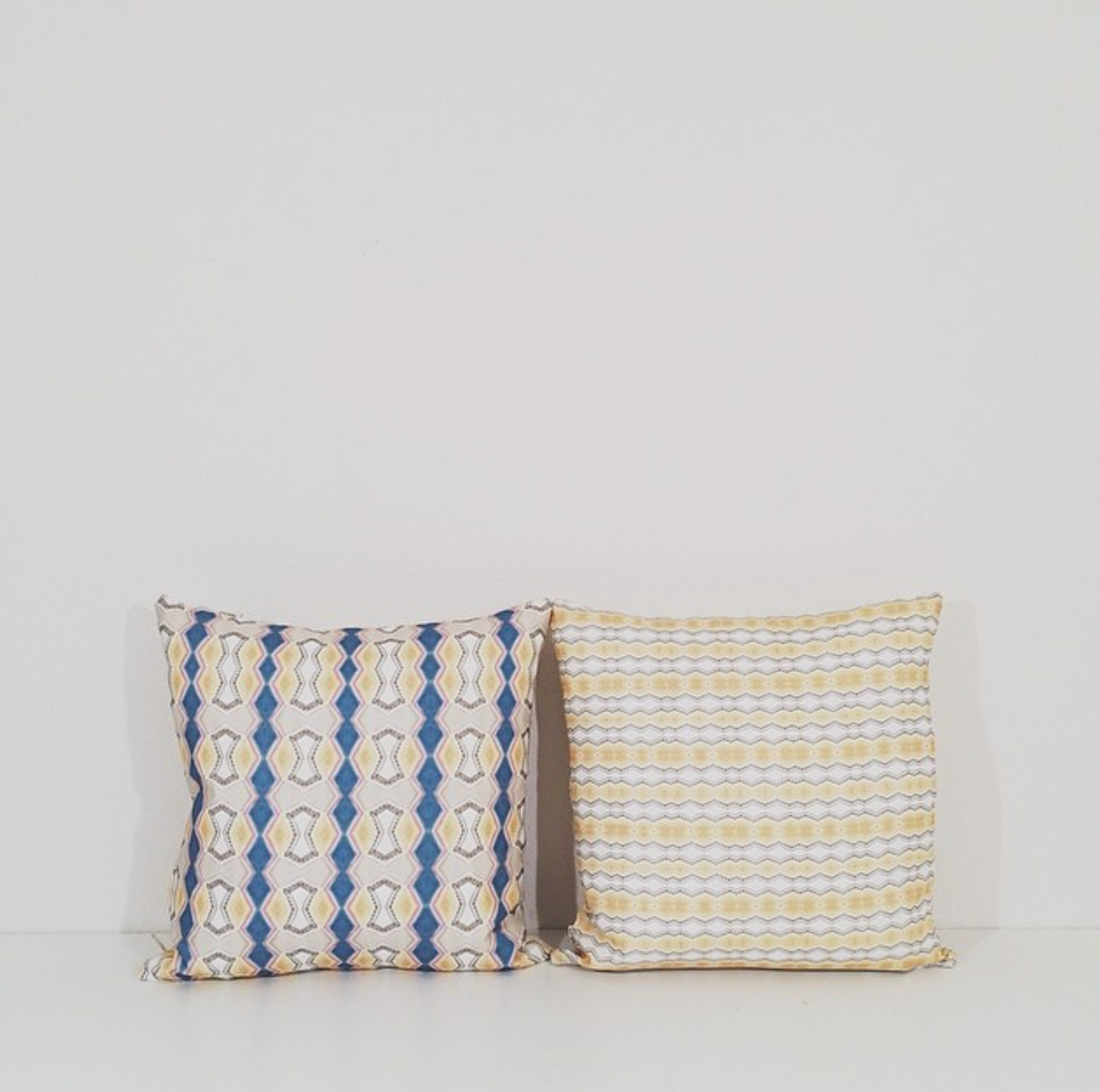 Modern yellow and white stripped pillow, Om Stripes Pillow, by bunglo